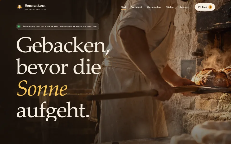 Startseite der Musterseite Bäckerei Sonnenkorn
