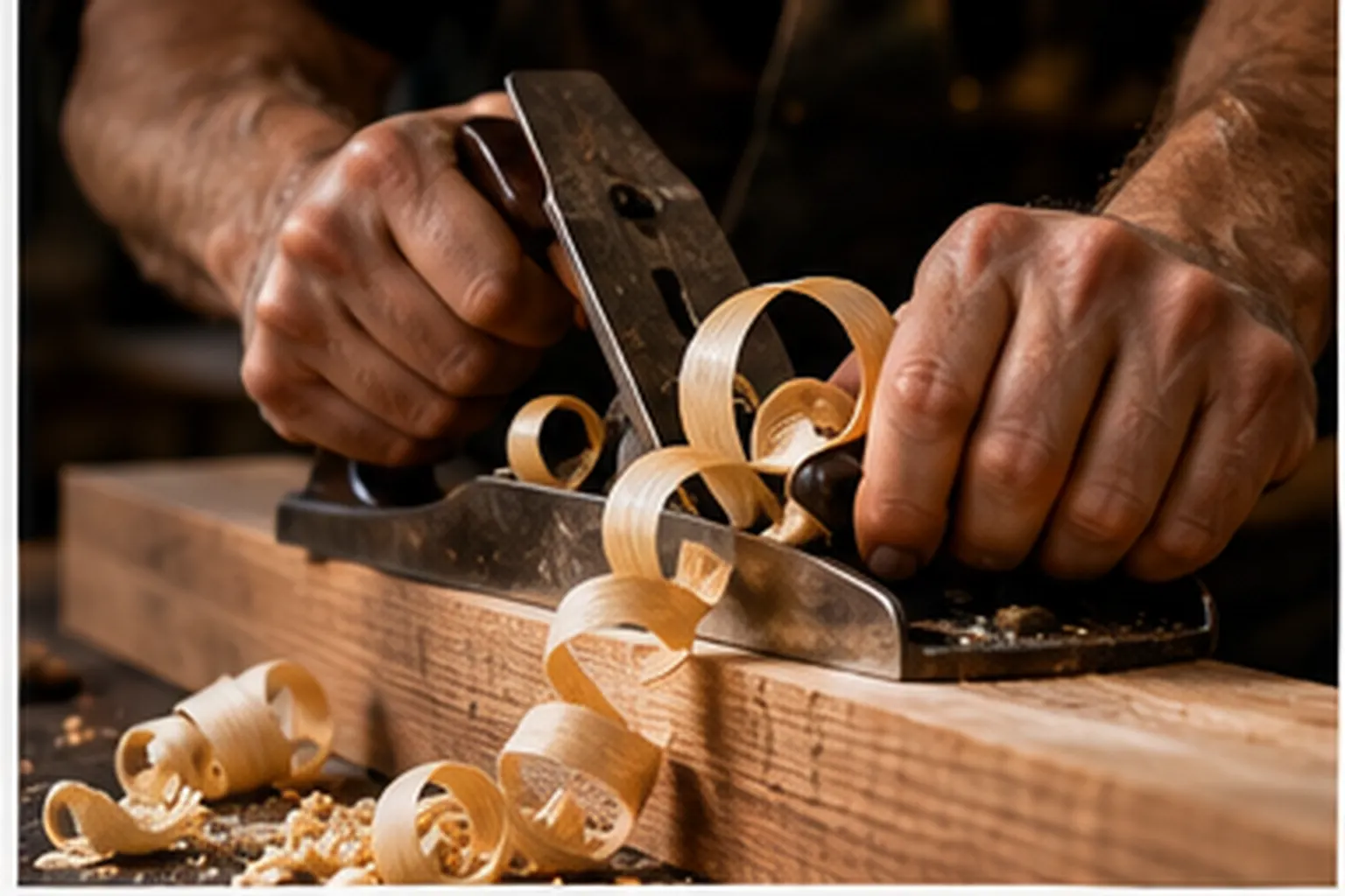 Hände mit Handhobel und Hobelspan