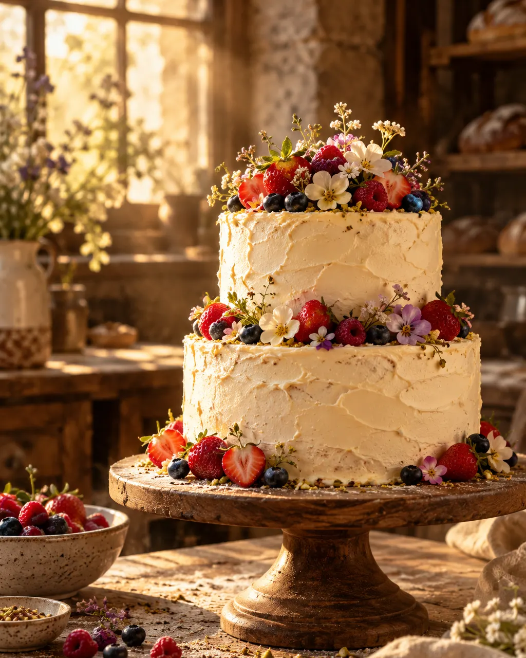 Festtorte mit Beeren und Blüten